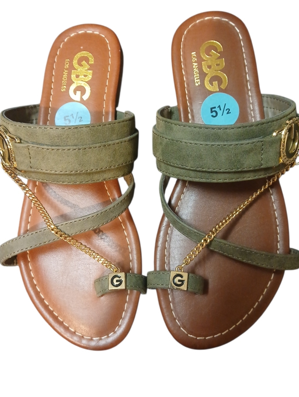 GBG - NWOB,  Strappy Sandals, Flat Heel, 5- 1/2 M, Non-Slip Soles, Chain Accent - Picture 4 of 7